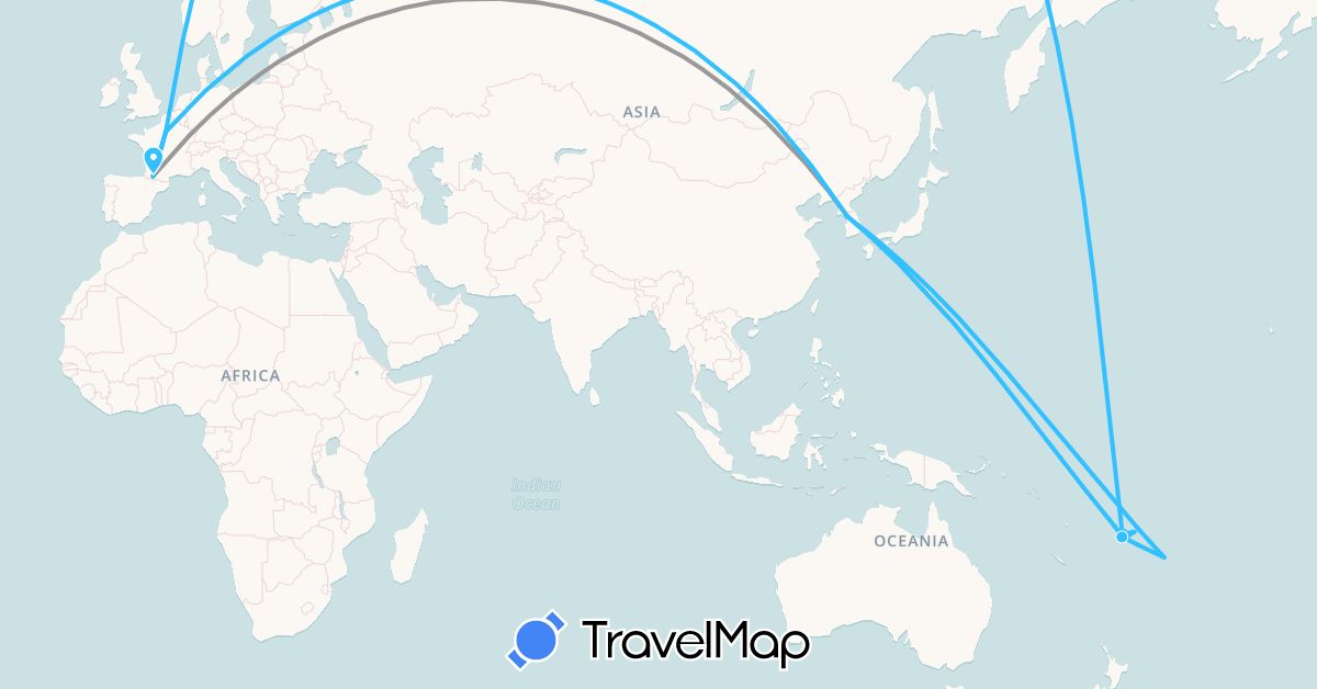 TravelMap itinerary: plane, boat in Fiji, France, South Korea, Tonga (Asia, Europe, Oceania)