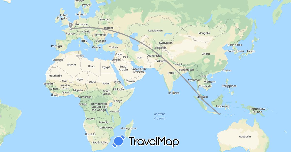 TravelMap itinerary: plane, boat in France, Indonesia, Malaysia, Singapore (Asia, Europe)