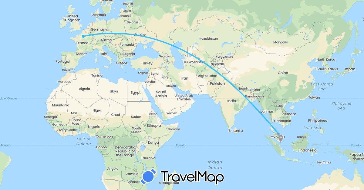 TravelMap itinerary: plane, boat in France, Malaysia, Singapore (Asia, Europe)