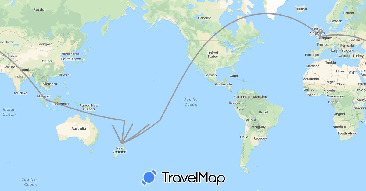 TravelMap itinerary: plane in Cook Islands, United Kingdom, New Caledonia, New Zealand, French Polynesia, Tonga (Europe, Oceania)